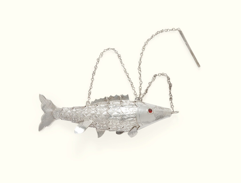 View full screen - View 1 of Lot 17. A CHINESE SILVER FISH-FORM SCENT FLASK, USED BY THE SASSOON FAMILY FOR HAVDALAH, MID TO LATE 19TH CENTURY.