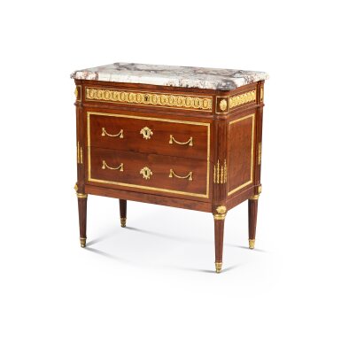 View full screen - View 1 of Lot 393. A Louis XVI royal gilt-bronze mounted mahogany and mahogany veneered commode, circa 1780, attributed to Joseph Stockel | Commode royale en acajou et placage d'acajou et monture de bronze doré d'époque Louis XVI, vers 1780, attribuée à Joseph Stockel.
