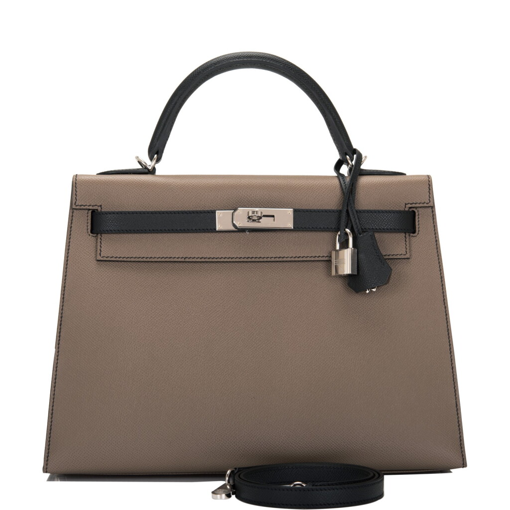 View full screen - View 1 of Lot 39. Hermès Special Order Etoupe and Black Epsom Sellier Kelly 32cm Palladium Hardware.