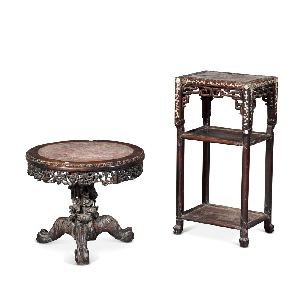 View full screen - View 1 of Lot 135. A 'hongmu' marble-inset circular table, 20th century | 二十世紀 紅木嵌大理石圓桌 及 紅木嵌大理石螺鈿桌.