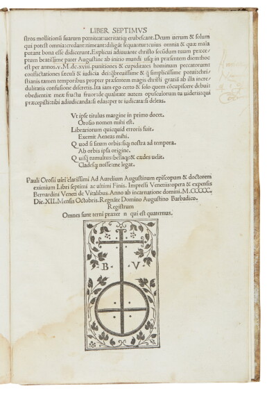 View full screen - View 1 of Lot 143. Orosius, Historiae adversus paganos, Venice, 1500, later vellum.