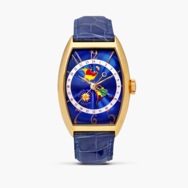 View full screen - View 1 of Lot 2564. Cintrée Curvex ‘World Wide, Americas’, Reference 5850WW | A pink gold dual time wristwatch with cloisonné enamel dial, Circa 2000.