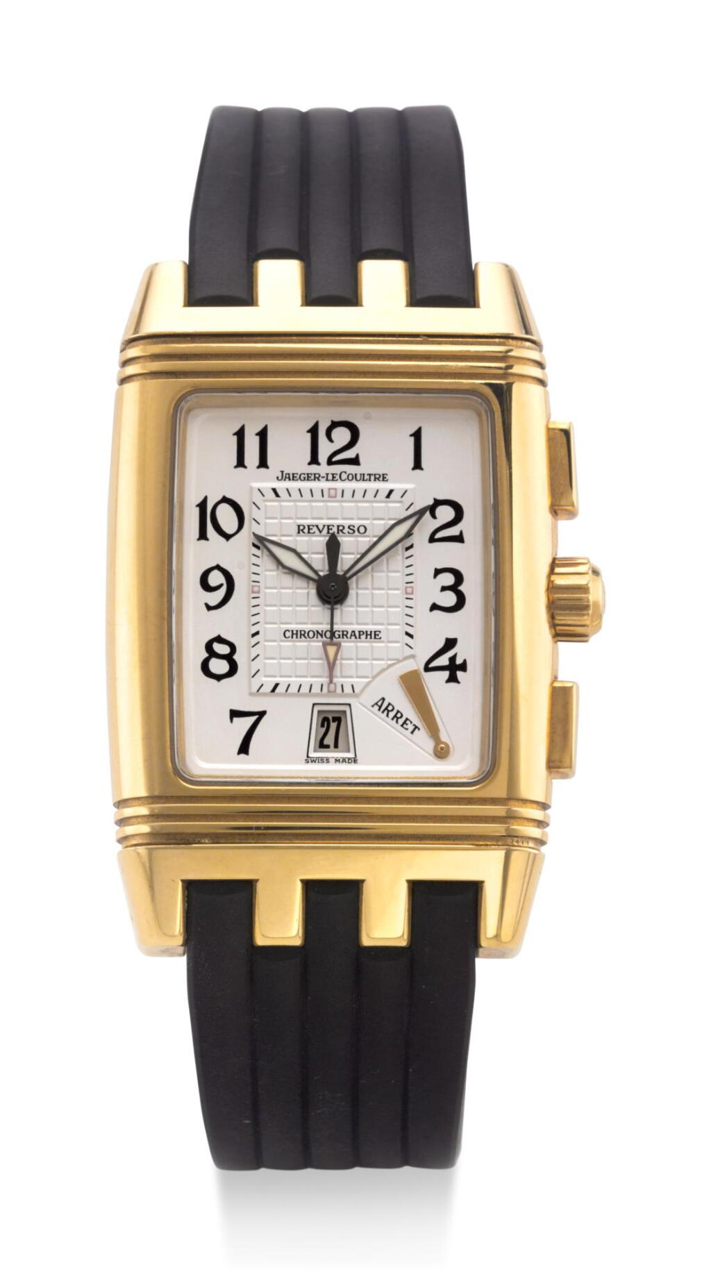 View full screen - View 1 of Lot 8113. JAEGER-LECOULTRE | REVERSO, REFERENCE 295.1.59, A YELLOW GOLD REVERSIBLE CHRONOGRAPH WRISTWATCH WITH DATE AND RETROGRADE REGISTER, CIRCA 2005.