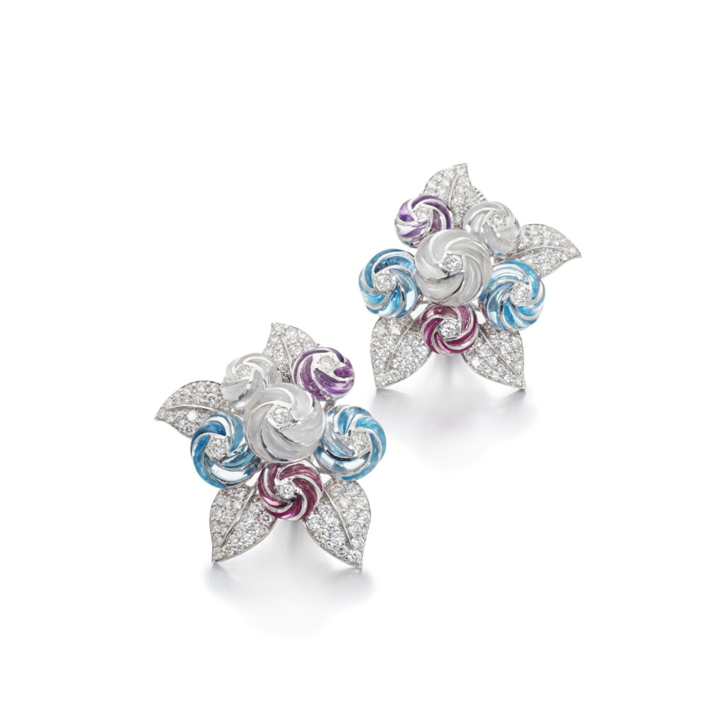 View full screen - View 1 of Lot 96. Pair of gem set and diamond earrings.