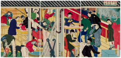 View full screen - View 1 of Lot 140. Utagawa Sadahide (1807-1878/79) | Foreign Business Establishment in Yokohama (Yokohama ijin shokan uriba no zu) | Edo period, 19th century .