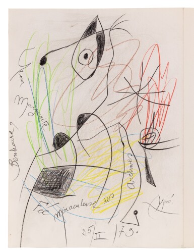 View full screen - View 1 of Lot 238. Le Miroir de l'homme par les bêtes, 1972. Ex. HC. Enrichi d'un dessin de Miró, avec envoi.