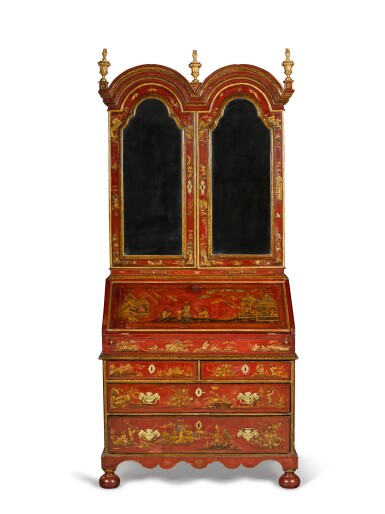 View full screen - View 1 of Lot 63. A George I gilt heightened red japanned bureau cabinet, first quarter 18th century.