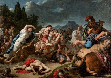View full screen - View 1 of Lot 32. LOUIS-JEAN-FRANÇOIS LAGRENÉE | BELLONA CALLING MARS TO WAR BY HANDING OVER THE REINS TO HER CHARIOT.