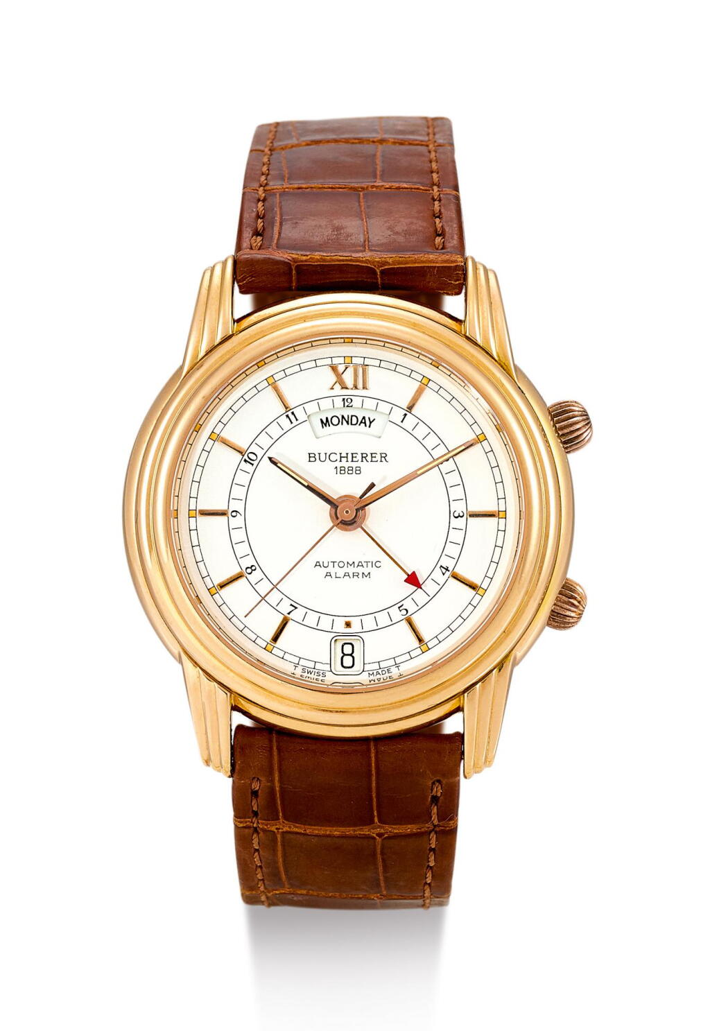 View full screen - View 1 of Lot 8044. BUCHERER | REFERENCE 5008-001, A LIMITED EDITION PINK GOLD WRISTWATCH WITH ALARM, DAY AND DATE, CIRCA 1990.