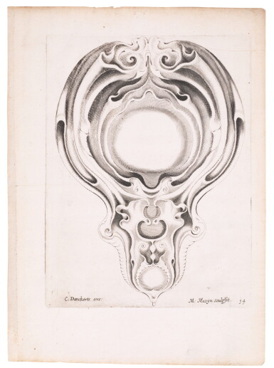 View full screen - View 1 of Lot 319. A Cartouche in Auricular Style, with an Inverted Heart Shape as the Lowest Element, from Verscheyde Gonstige Vindingem om in Gout, Silver, Hout en Steen te Wercken, after Gerbrand van den Eeckhout (Hollstein vol. V p.126).