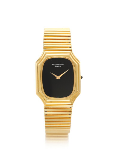 View full screen - View 1 of Lot 49. PATEK PHILIPPE | REF 3729/1, A YELLOW GOLD BRACELET WATCH WITH ONYX DIAL MADE IN 1976.