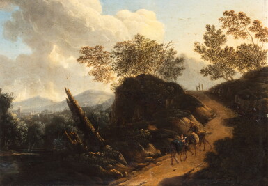 View full screen - View 1 of Lot 361. A mountainous landscape with travellers on a path, a town in the distance.