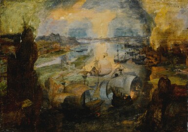 View full screen - View 1 of Lot 311. Seascape with ships and a burning city.