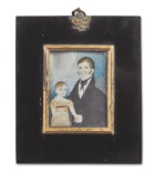 AMERICAN SCHOOL, 19TH CENTURY | MINIATURE PORTRAIT OF A FATHER AND CHILD IN A YELLOW DRESS