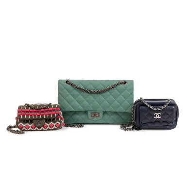 View full screen - View 1 of Lot 704. Set of Three 2.55 Reissue 227 Double Flap, Knitted Cashmere Mini Flap Bag and Mini Camera Bag.