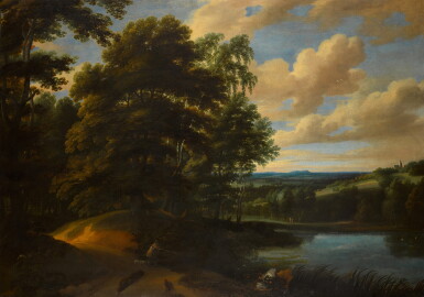 View full screen - View 1 of Lot 69. Wooded river landscape with hunters.