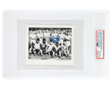 View full screen - View 1 of Lot 28. 1958 Svensk Bildservice Brazil Team Card - PSA 4, Auto 10 | Signed by Pelé .