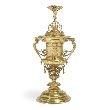 View full screen - View 1 of Lot 802. AN EDWARDIAN SILVER-GILT BICYCLING TROPHY FROM THE CITY OF BATH, ELKINGTON & CO., BIRMINGHAM, 1904.