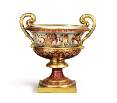 View full screen - View 1 of Lot 398. A Vienna-style porcelain claret-ground campana vase, late 19th century.