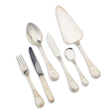 View full screen - View 1 of Lot 367. A 123-piece silver partial flatware service, engraved KL for Karl Lagerfeld, Christofle, Paris, modern | Ein 123-teiliges Silberbesteck, graviert KL für Karl Lagerfeld, Christofle, Paris, modern.