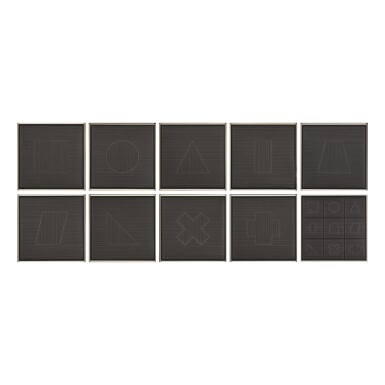 View full screen - View 1 of Lot 233. SOL LEWITT | NINE GEOMETRIC FIGURES (WHITE LINES ON BLACK) (KRAKOW 1982.01).