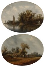 A river landscape with a sailboat at left, three fishermen casting their nets at right, and other boats and figures; A wooded landscape with two men on horseback, a carriage with travelers, onlookers, and animals