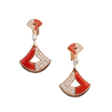 View full screen - View 1 of Lot 61. Pair of Pink Gold, Coral and Diamond 'Divas' Dream' Pendant-Earclips.