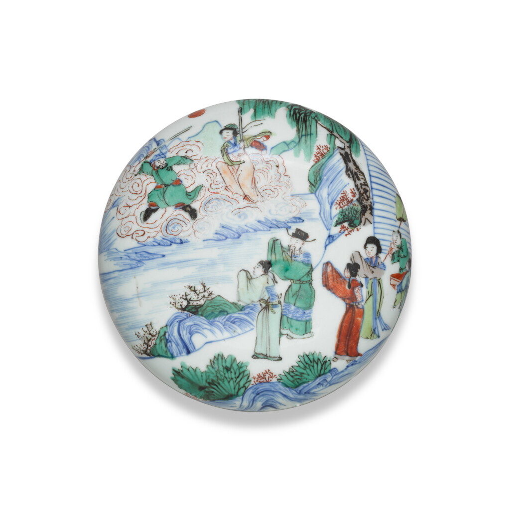 View full screen - View 1 of Lot 248. A wucai 'Lei Gong and Dian Mu' box and cover, Qing dynasty, Shunzhi period.