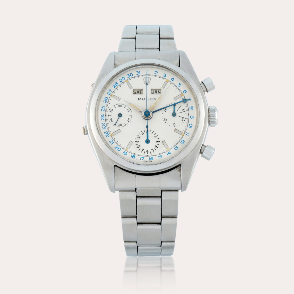 View full screen - View 1 of Lot 132. Dato-Compax 'Jean-Claude Killy', Reference 6036 | A stainless steel triple calendar chronograph wristwatch with bracelet | Circa 1954.