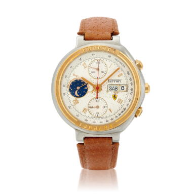 View full screen - View 1 of Lot 69. Stainless steel and yellow gold chronograph wristwatch with day, date and moon phase circa 1988 (Cronografo in acciao e oro giallo, con fasi lunari e datario 1988).