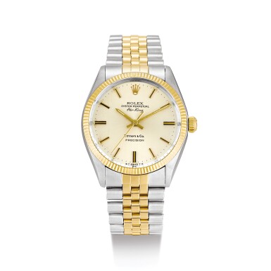 View full screen - View 1 of Lot 2076. ROLEX | AIR KING, REFERENCE 5501 A YELLOW GOLD AND STAINLESS STEEL WRISTWATCH WITH BRACELET, RETAILED BY TIFFANY & CO., CIRCA 1987" | 勞力士 | Air King 型號5501 黃金及精鋼鏈帶腕錶,由蒂芙尼發行,錶殼編號9444494,約1987年製".