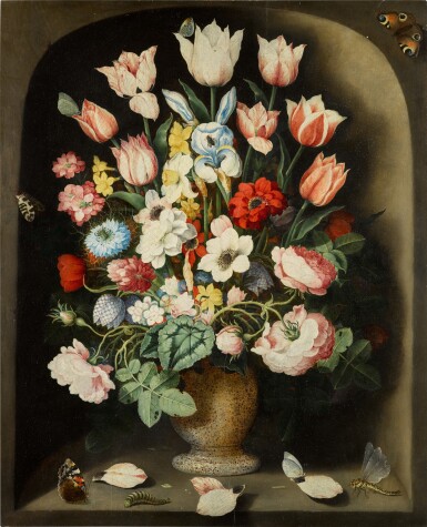 View full screen - View 1 of Lot 203. Still life of flowers in a stone vase in a niche.