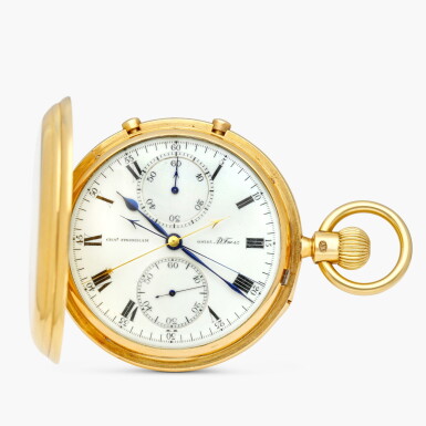 View full screen - View 1 of Lot 2427. A yellow gold 6-minute flying tourbillon split seconds chronograph hunting case keyless lever watch with 60-minute register and tinted Willis enamel dial, Circa 1904.