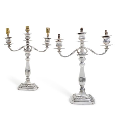 View full screen - View 1 of Lot 70. A pair Victorian silver-three-light candelabra, Horace Woodward & Co., London, 1897.