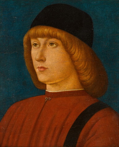 View full screen - View 1 of Lot 405. Portrait of a boy, bust-length, wearing a black hat and red jacket.