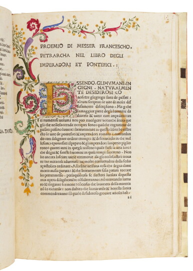 View full screen - View 1 of Lot 176. Petrarca, Vite dei Pontefici e Imperatori romani, Florence, 1478, modern reused vellum.