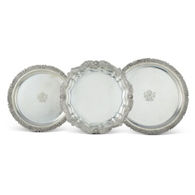 View full screen - View 1 of Lot 258. A Group of Two American Silver Chrysanthemum Pattern Circular Platters and Salver, Tiffany & Co., New York, Circa 1902.