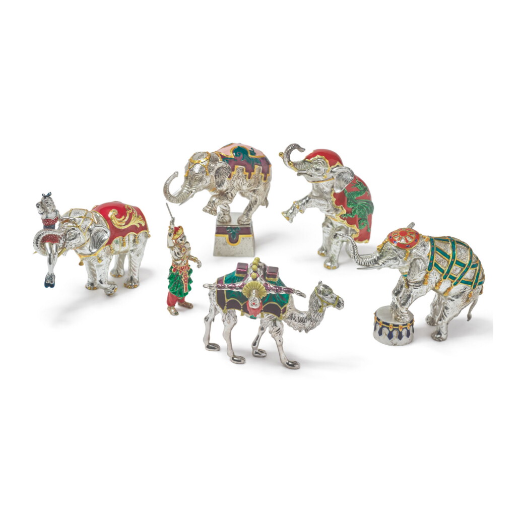 View full screen - View 1 of Lot 1853. ELEPHANTS AND CAMEL: A GROUP OF SILVER AND ENAMEL CIRCUS FIGURES, DESIGNED BY GENE MOORE FOR TIFFANY & CO., NEW YORK, CIRCA 1990.