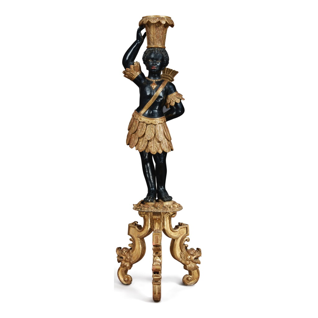 View full screen - View 1 of Lot 697. AN ITALIAN BAROQUE STYLE PARCEL GILT BLACKAMOOR TORCHERE, LATE 19TH/EARLY 20TH CENTURY.
