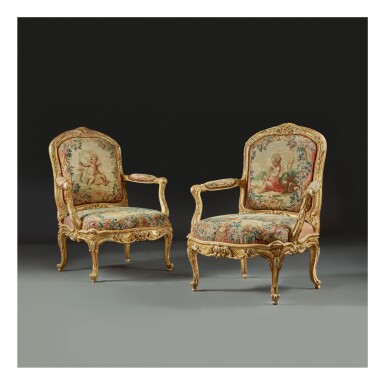 View full screen - View 1 of Lot 181. A PAIR OF LATE LOUIS XV GILTWOOD FAUTEUILS A LA REINE AND A CHASSIS, CIRCA 1765.