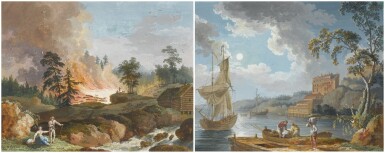 View full screen - View 1 of Lot 352. A Landscape with a couple by a waterfall, in the distance farmers burning woodland to be used as rye fields; and A view of the Fayence-Fabrique in Marieberg, near Stockholm, with fishing boats and fishermen unloading their catch.