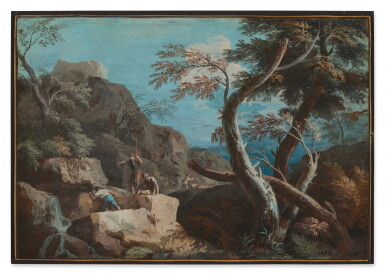 View full screen - View 1 of Lot 737. A rocky wooded landscape with three peasants at a waterfall, a shepherd beyond.
