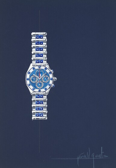 View full screen - View 1 of Lot 10. An original prototype design of a gem-set perpetual calendar chronograph bracelet watch, painted by Gérald Genta, with accompanying NFT, Circa 1988 | 傑洛・尊達 一幅鑲寶石萬年曆計時鏈帶腕錶原型設計圖,由傑洛・尊達繪製並附帶 NFT 証書,約1988年製.