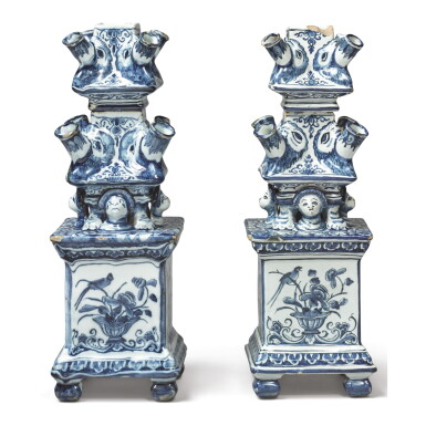 View full screen - View 1 of Lot 293. TWO DUTCH DELFT BLUE AND WHITE SECTIONAL TULIPIERES, CIRCA 1700.