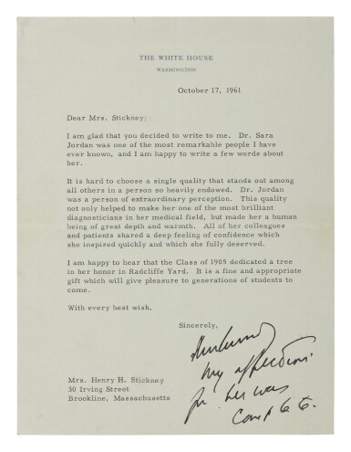 View full screen - View 1 of Lot 44. Kennedy, John F. | President John F. Kennedy remembers Dr. Sara Jordan for a 1905 class tree dedication in her honor.