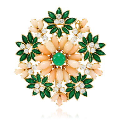 View full screen - View 1 of Lot 47. Coral, enamel, chrysoprase and diamond brooch, 1960s.