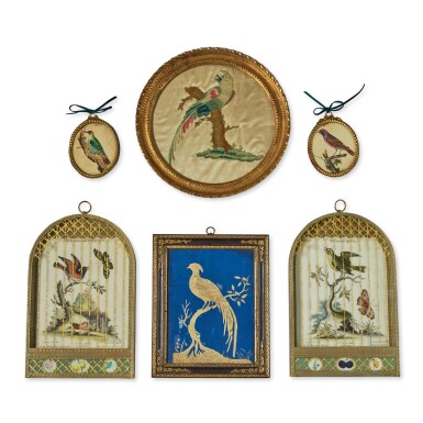 View full screen - View 1 of Lot 110. A SET OF TWO FRAMED BIRD PICTURES, ONE EMBROIDERED AND THE OTHER A PAPER CUTOUT; WITH TWO SMALL EMBROIDERED BIRDS IN OVAL GILTWOOD FRAMES; AND TWO BIRD ENGRAVINGS IN GILTWOOD NEOGOTHIC FRAMES, 19TH CENTURY.