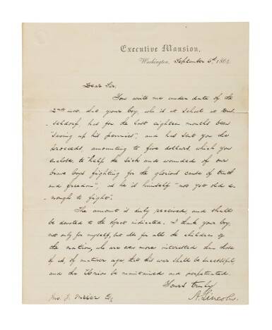 View full screen - View of Lincoln, Abraham | The President thanks a schoolboy on behalf of "all the children of the nation for his efforts to ensure "that this war shall be successful, and the Union be maintained and perpetuated.".