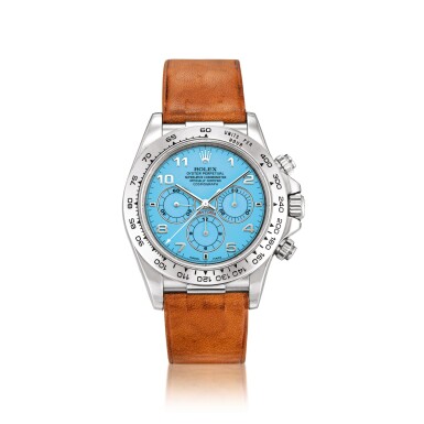 View full screen - View 1 of Lot 2154. Rolex | Cosmograph Daytona, Reference 16516, A historically important and possibly unique platinum chronograph wristwatch with turquoise hardstone lacquer dial, Circa 1998 | 勞力士 | Cosmograph Daytona 型號16516 Cosmograph Daytona 型號16516 極具歷史價值及獨特鉑金計時腕錶,備綠松石漆製錶盤,約1998年製.
