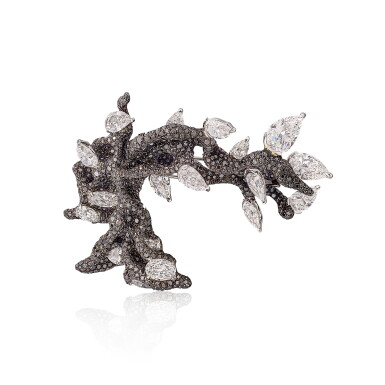 View full screen - View 1 of Lot 1948. 'Four Seasons' Diamond and Black Diamond Brooch | 趙心綺 | 「四季」 鑽石 配 黑色鑽石 胸針 (18 顆 D-F 色鑽石 共重20.44克拉).